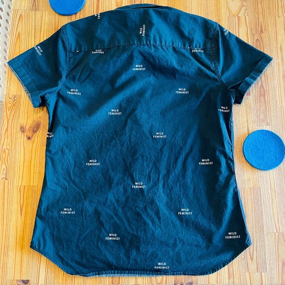 Wildfang Black Wild Feminist Short Sleeve Button Down Shirt Size S - Picture 4 of 11